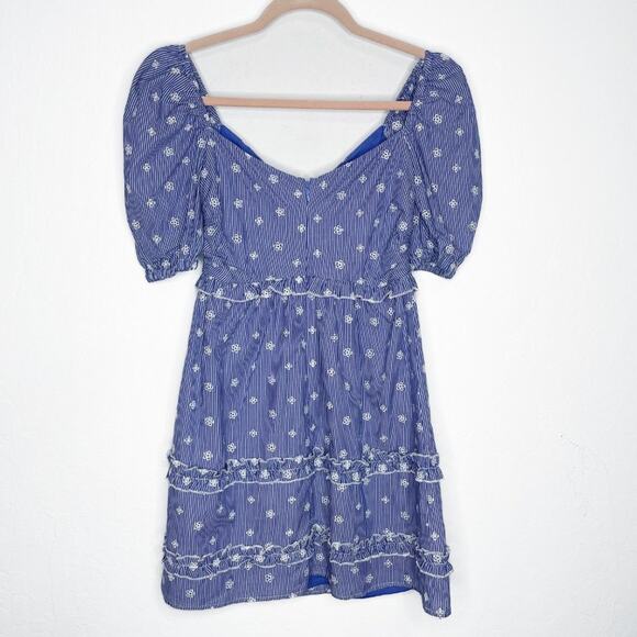 Tularosa Belen Navy White Puff Sleeve Floral Eyelet Mini Babydoll Dress XS - Picture 9 of 14